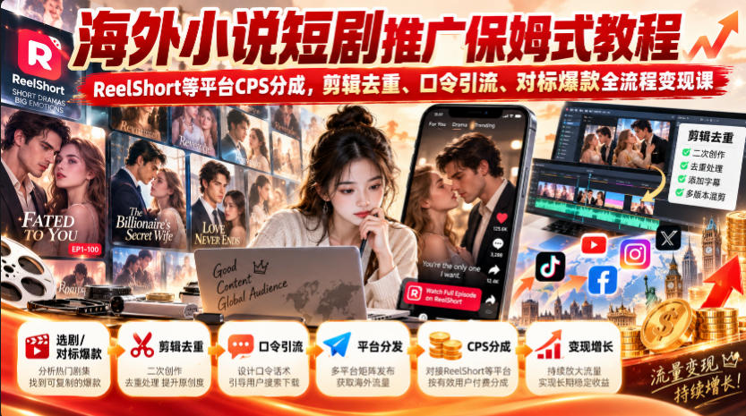 海外小说短剧推广保姆式教程|ReelShort等平台CPS分成,剪辑去重、口令引流、对标爆款全流程变现课-轻创社项目网