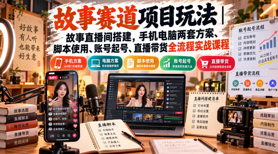 故事赛道项目玩法|故事直播间搭建,手机电脑两套方案、脚本使用、账号起号、直播带货全流程实战课程-轻创社项目网
