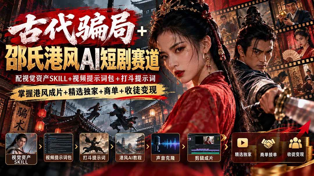 （20684期）古代骗局+邵氏港风AI短剧赛道：配视觉资产SKILL+视频提示词包+打斗提示词，掌握港风成片+精选独家+商单+收徒变现-轻创社项目网