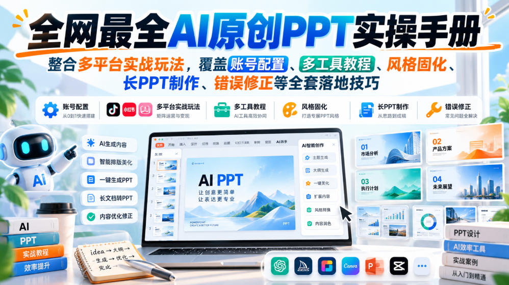 全网最全AI原创PPT实操手册,整合多平台实战玩法,覆盖账号配置、多工具教程、风格固化、长PPT制作、错误修正等全套落地技巧