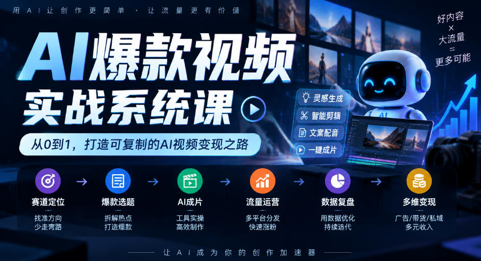 AI爆款视频实战系统课|赛道定位、爆款选题、AI成片、流量运营、数据复盘、多维变现全链路教学-轻创社项目网