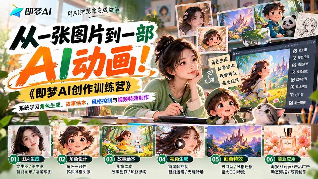 (21160期)【无水印】从一张图片到一部AI动画!《即梦AI创作训练营》系统学习角色生成、故事绘本、风格控制与视频特效制作-轻创社项目网
