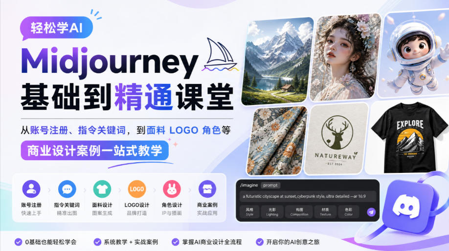 轻松学AI Midjourney基础到精通课堂,从账号注册、指令关键词,到面料LOGO角色等商业设计案例一站式教学-轻创社项目网
