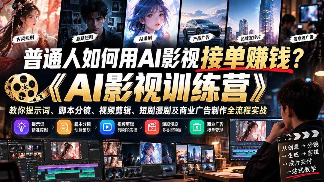 (21230期)普通人如何用AI影视接单赚钱?《AI影视训练营》教你提示词、脚本分镜、视频剪辑、短剧漫剧及商业广告制作全流程实战-轻创社项目网