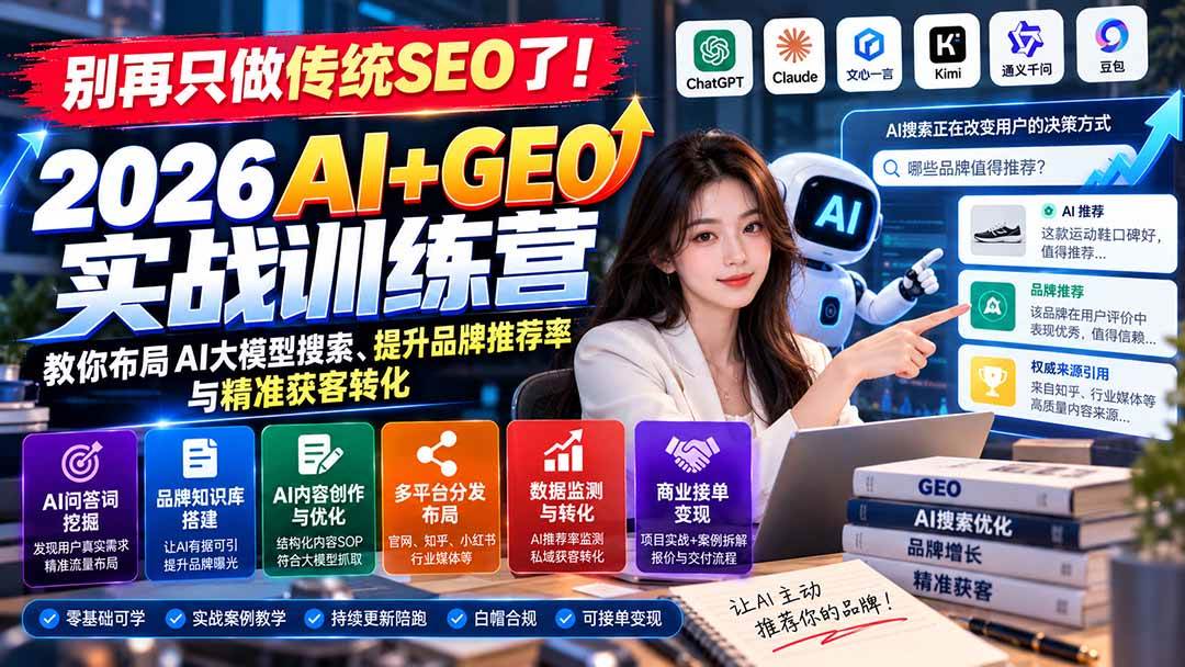 (21191期)别再只做传统SEO了!《2026AI+GEO实战训练营》教你布局AI大模型搜索、提升品牌推荐率与精准获客转化-轻创社项目网