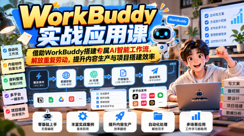 WorkBuddy实战应用课,借助WorkBuddy搭建专属AI智能工作流,解放重复劳动,提升内容生产与项目搭建效率-轻创社项目网