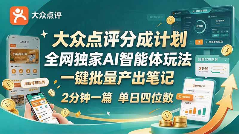 (21055期)最新大众点评分成计划 全网独家 AI 智能体玩法,一键批量产出笔记,2 分钟一篇,新手直接跑出单日四位数