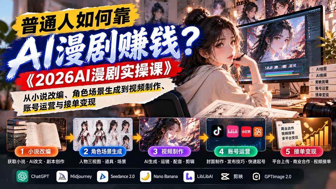 (21173期)普通人如何靠AI漫剧赚钱?《2026AI漫剧实操课》从小说改编、角色场景生成到视频制作、账号运营与接单变现-轻创社项目网