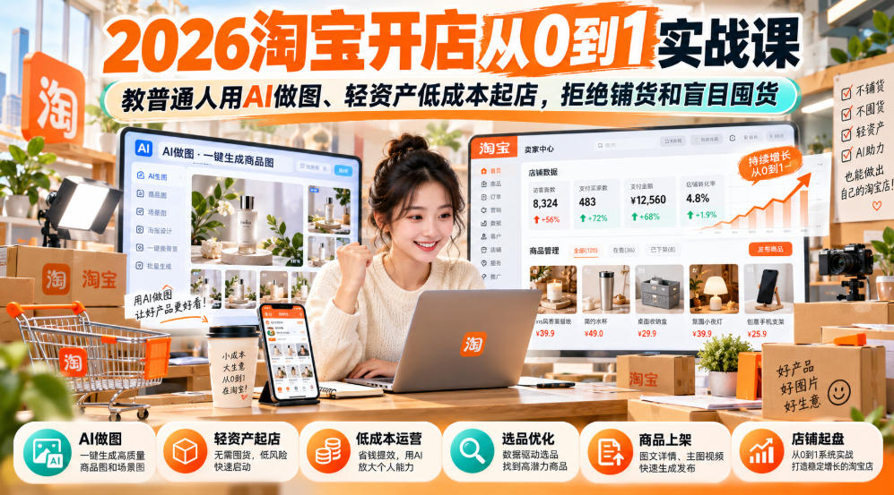 2026淘宝开店从0到1实战课,教普通人用AI做图、轻资产低成本起店,拒绝铺货和盲目囤货-轻创社项目网