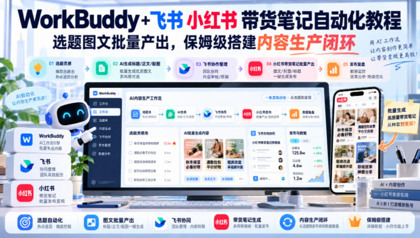 WorkBuddy+飞书小红书带货笔记自动化教程,选题图文批量产出,保姆级搭建内容生产闭环【文档】-轻创社项目网