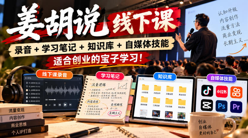 姜胡说线下课录音＋学习笔记＋知识库＋自媒体技能，​适合创业的宝子学习！-轻创社项目网