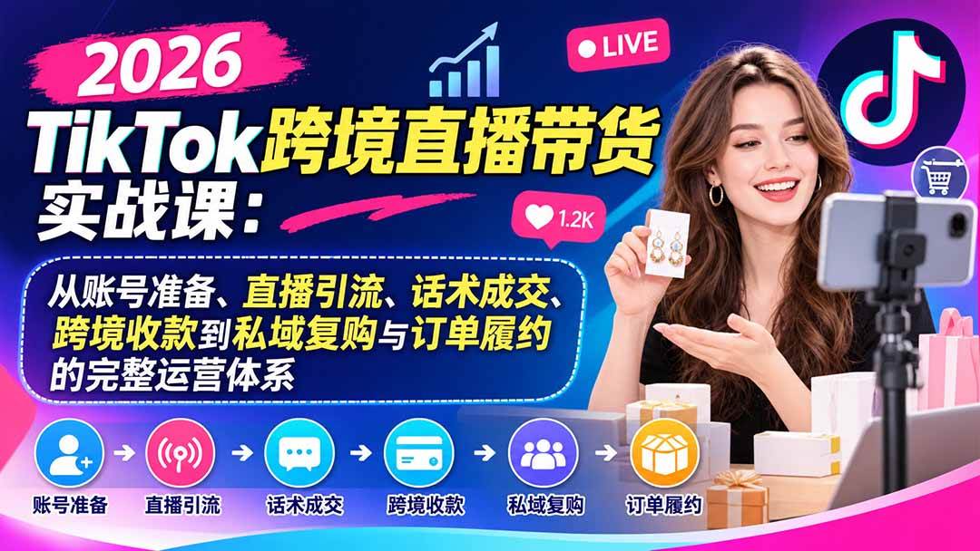 (20898期)2026TikTok跨境直播带货实战课:从账号准备、直播引流、话术成交、跨境收款到私域复购与订单履约的完整运营体系-轻创社项目网