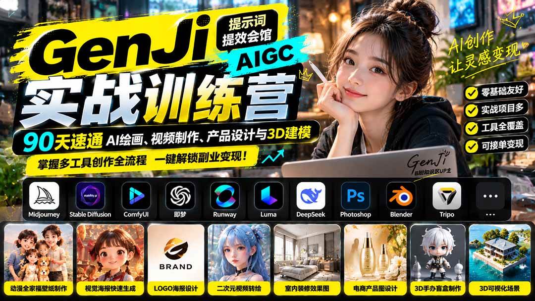 (21192期)GenJi AIGC实战训练营:90天速通AI绘画、视频制作、产品设计与3D建模,掌握多工具创作全流程-轻创社项目网