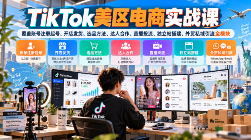 TikTok美区电商实战课,覆盖账号注册起号、开店发货、选品方法、达人合作、直播投流、独立站搭建、外贸私域引流全模块-轻创社项目网