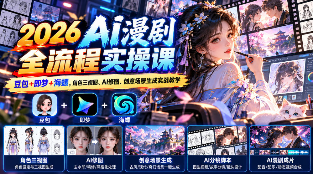 【无水印】2026 AI漫剧全流程实操课|豆包+即梦+海螺,角色三视图、AI修图、创意场景生成实战教学-轻创社项目网