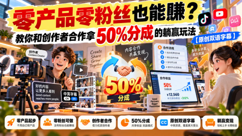 【无水印】零产品零粉丝也能賺?教你和创作者合作拿50%分成的躺赢玩法【原创双语字幕】