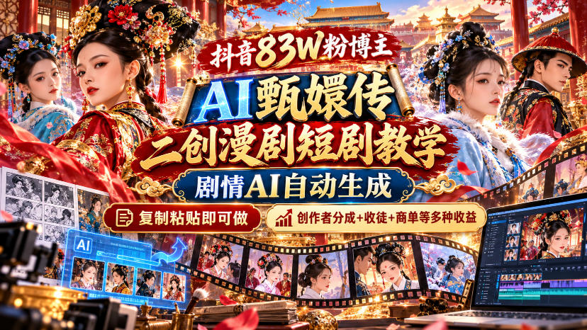 抖音83W粉博主AI甄嬛传二创漫剧短剧教学|剧情AI自动生成,复制粘贴即可做,各大平台创作者分成+收徒等多种收益-轻创社项目网