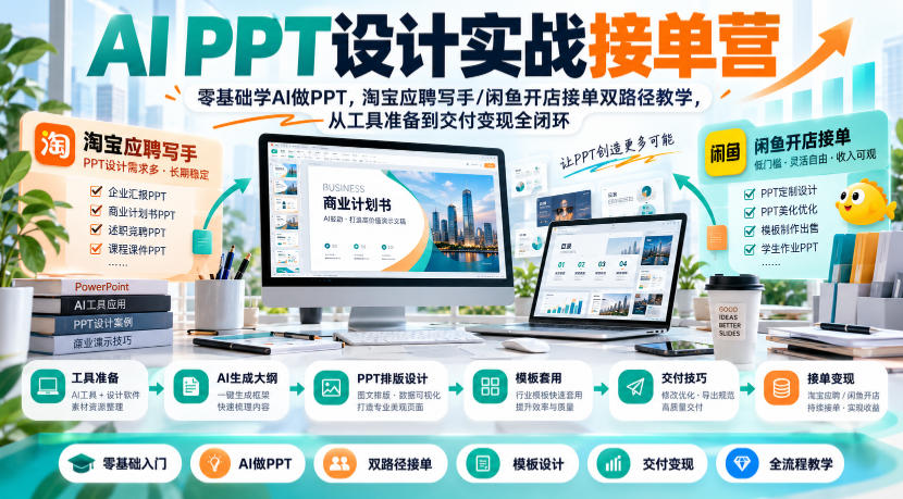 AI PPT设计实战接单营|零基础学AI做PPT,淘宝应聘写手/闲鱼开店接单双路径教学,从工具准备到交付变现全闭环-轻创社项目网
