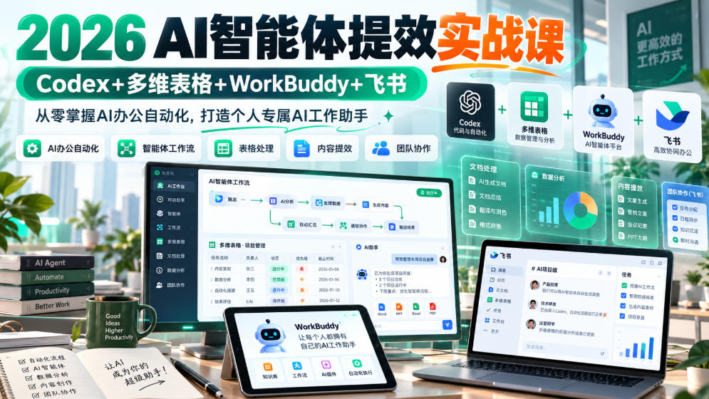 2026 AI智能体提效实战课：Codex+多维表格+WorkBuddy+飞书，从零掌握AI办公自动化，打造个人专属AI工作助手-轻创社项目网