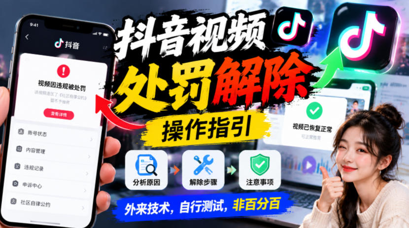 抖音视频处罚解除操作指引,外来技术,自行测试,非百分百-轻创社项目网