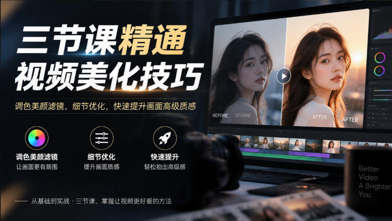 三节课精通视频美化技巧|调色美颜滤镜,细节优化,快速提升画面高级质感-轻创社项目网