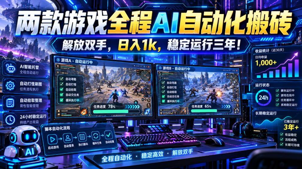 (21236期)两款游戏全程AI自动化搬砖,解放双手,日入1k,稳定运行三年!-轻创社项目网
