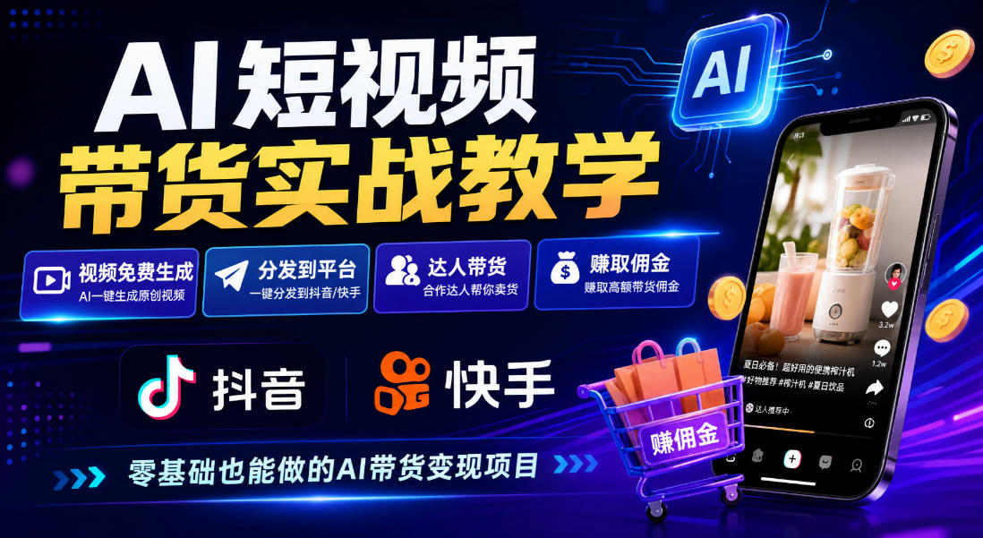 AI短视频带货实战教学,视频免费生成,分发到抖音快手平台,达人带货賺佣金-轻创社项目网