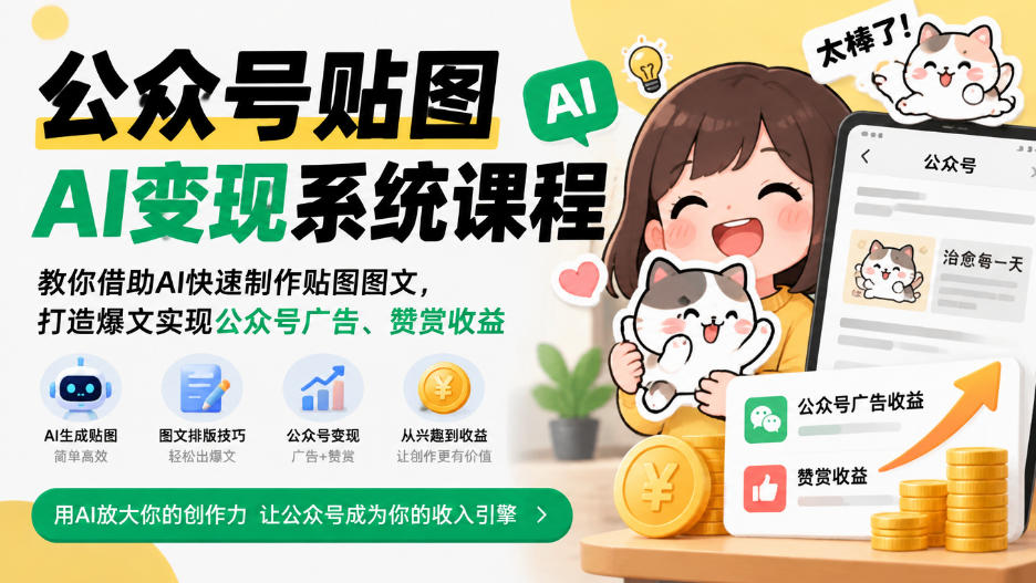 公众号贴图AI变现系统课程｜教你借助AI快速制作贴图图文，打造爆文实现公众号广告、赞赏收益-轻创社项目网