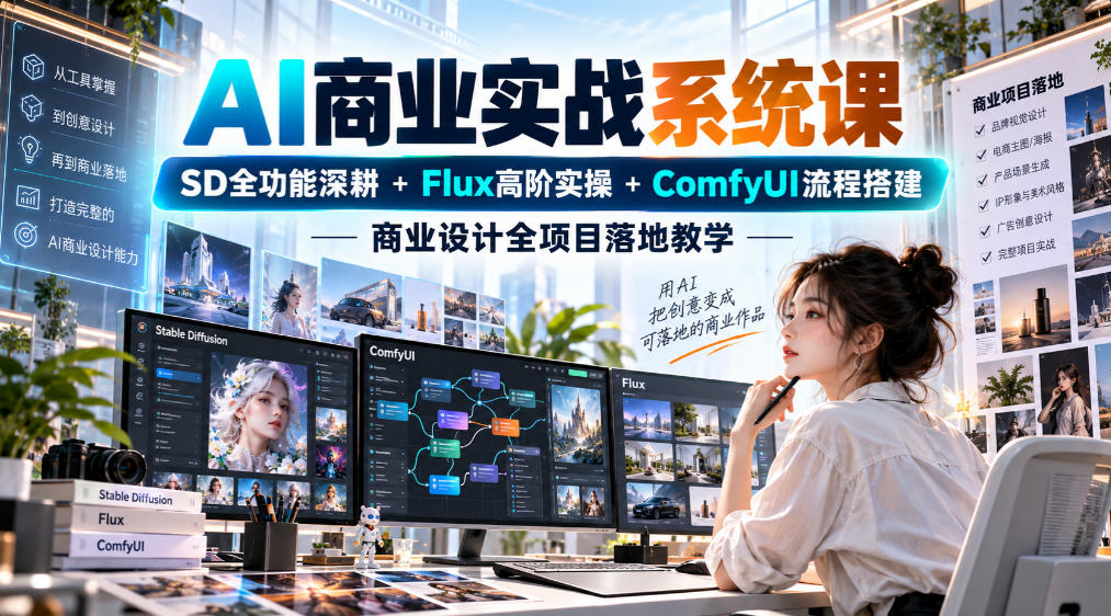 AI商业实战系统课|SD全功能深耕+Flux高阶实操+Comfyui流程搭建,商业设计全项目落地教学-轻创社项目网