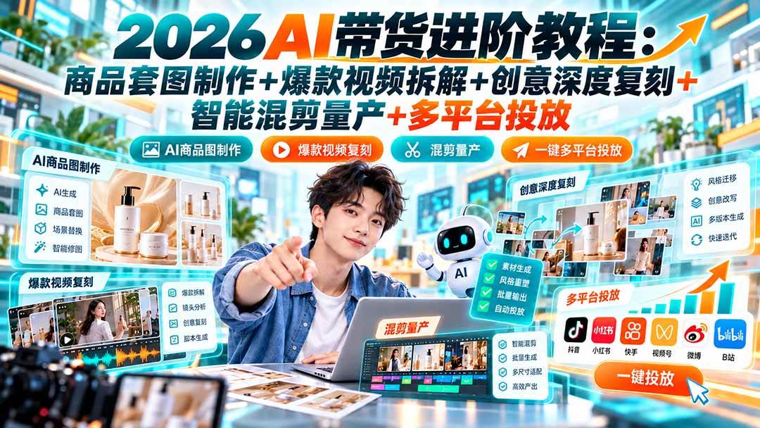 (20857期)2026AI带货进阶教程:商品套图制作+爆款视频拆解+创意深度复刻+智能混剪量产+多平台投放-轻创社项目网