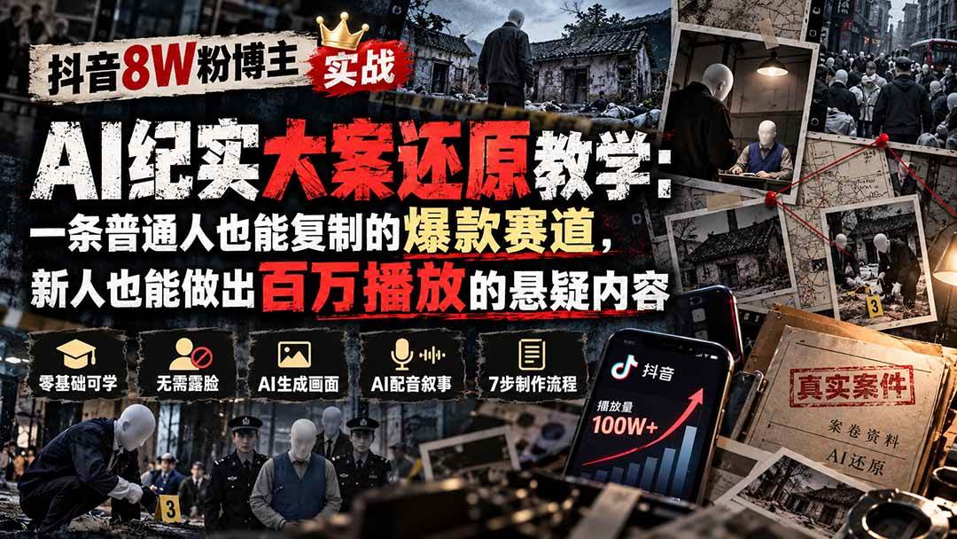 (20865期)抖音8W粉博主AI纪实大案还原教学:一条普通人也能复制的爆款赛道,新人也能做出百万播放的悬疑内容-轻创社项目网