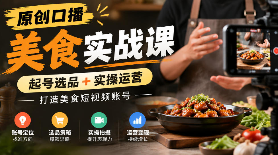 原创口播美食实战课,起号选品+实操运营,打造美食短视频账号-轻创社项目网