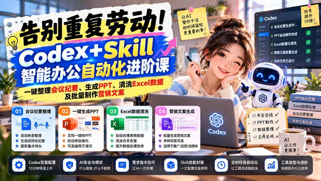 (21001期)告别重复劳动!Codex+Skill智能办公自动化进阶课:一键整理会议纪要、生成PPT、清洗Excel数据及批量制作营销文案-轻创社项目网