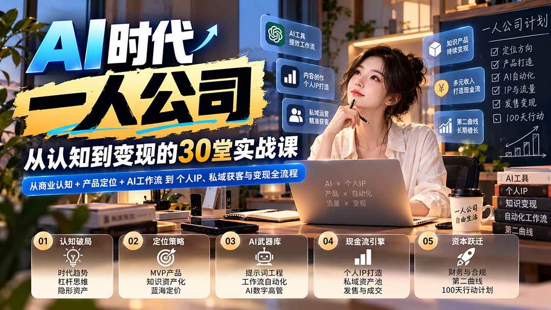 (20847期)【无水印】AI时代一人公司30堂实战课:从商业认知+产品定位+AI工作流到个人IP、私域获客与变现全流程-轻创社项目网
