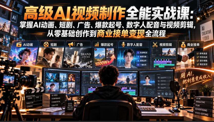 高级AI视频制作全能实战课:掌握AI动画、短剧、广告、爆款起号、数字人配音与视频剪辑,从零基础创作到商业接单变现全流程-轻创社项目网