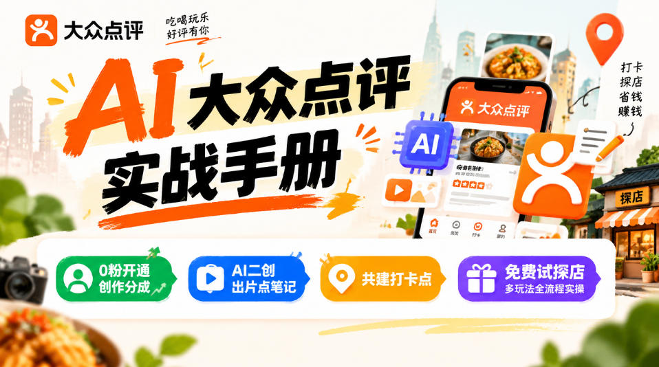 某局的AI大众点评实战手册,0粉开通创作分成、AI二创出片点笔记、共建打卡点、免费试探店多玩法全流程实操-轻创社项目网