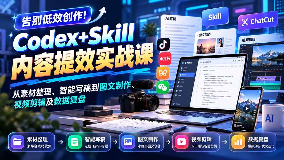 (20915期)【无水印】告别低效创作!Codex+Skill内容提效实战课:从素材整理、智能写稿到图文制作、视频剪辑及数据复盘-轻创社项目网