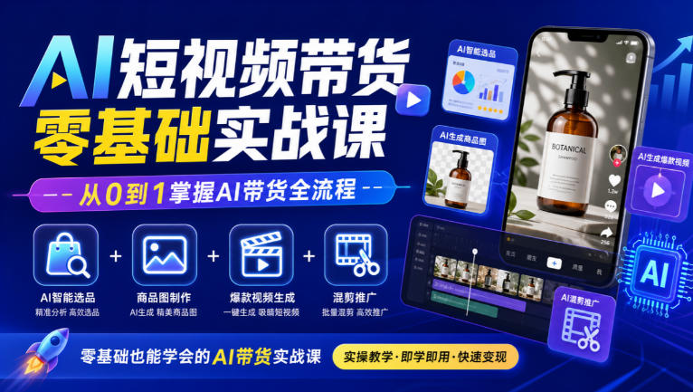 AI短视频带货零基础实战课|AI智能选品+商品图制作+爆款视频生成+混剪推广,从0到1掌握AI带货全流程-轻创社项目网