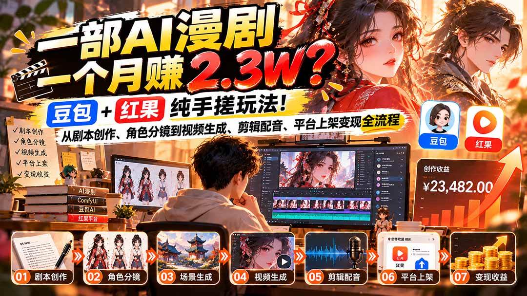 (21089期)一部AI漫剧一个月赚2.3W?豆包+红果纯手搓玩法!从剧本创作、角色分镜到视频生成、剪辑配音、平台上架变现全流程-轻创社项目网