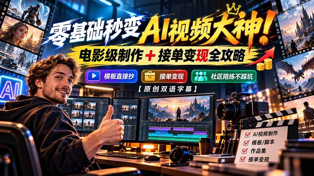 (20897期)零基础秒变AI视频大神!电影级制作 + 接单变现全攻略,模板直接抄,社区陪练不踩坑【原创双语字幕】-轻创社项目网