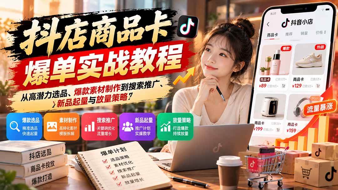（21148期）抖店商品卡爆单实战教程：从高潜力选品、爆款素材制作到搜索推广、新品起量与放量策略-轻创社项目网
