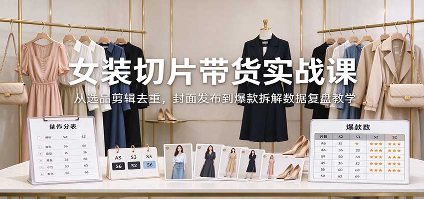 女装切片带货实战课:从选品剪辑去重,封面发布到爆款拆解数据复盘教学-轻创社项目网