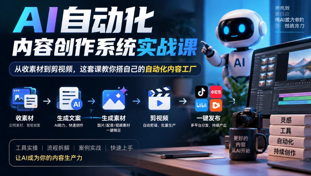 AI自动化内容创作系统实战课,从收素材到剪视频,这套课教你搭自己的自动化内容工厂-轻创社项目网