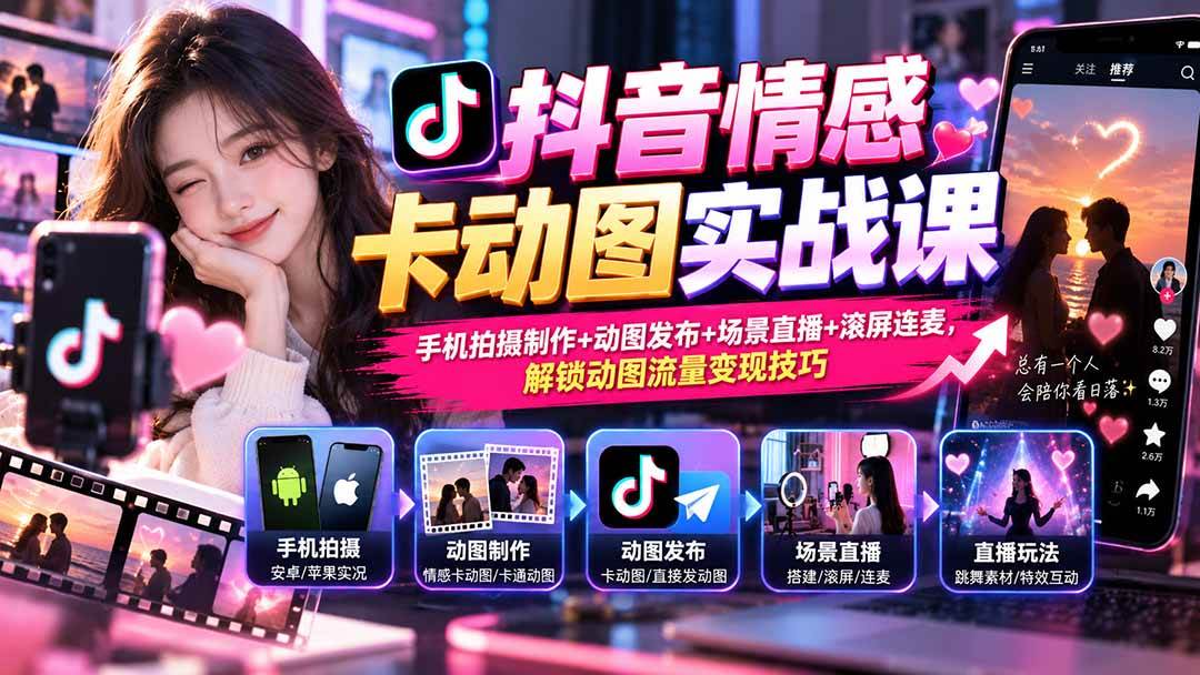 (20815期)抖音情感卡动图实战课:手机拍摄制作+动图发布+场景直播+滚屏连麦,解锁动图流量变现技巧-轻创社项目网