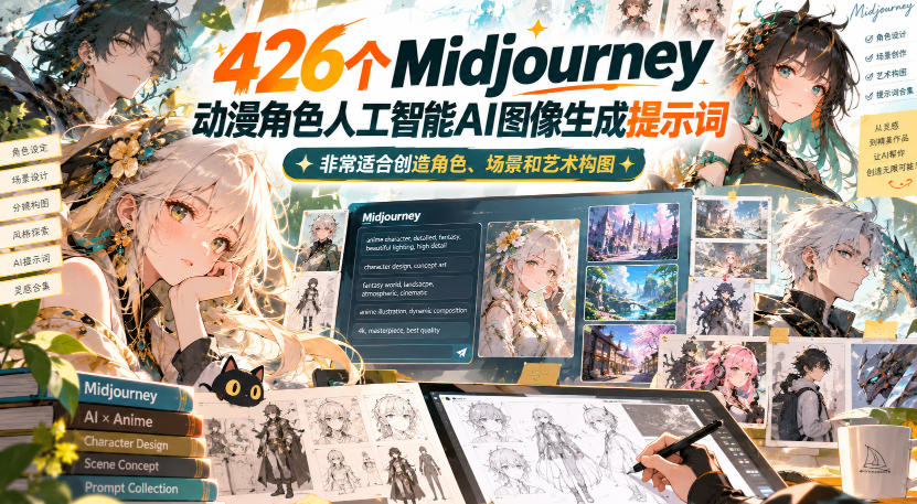 426个Midjourney动漫角色人工智能AI图像生成提示词,非常适合创造角色、场景和艺术构图-轻创社项目网