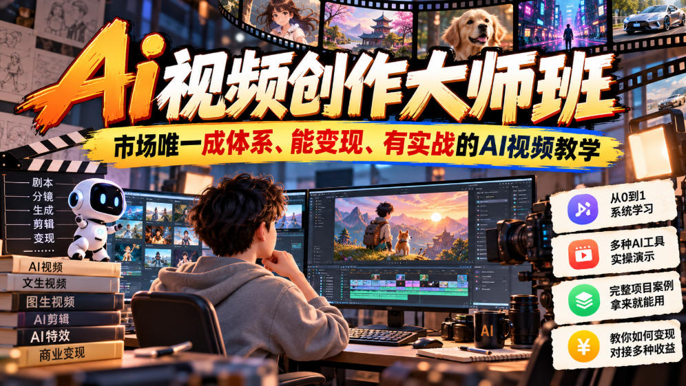 Ai视频创作大师班,市场唯一成体系、能变现、有实战的AI视频教学(更新2026)-轻创社项目网