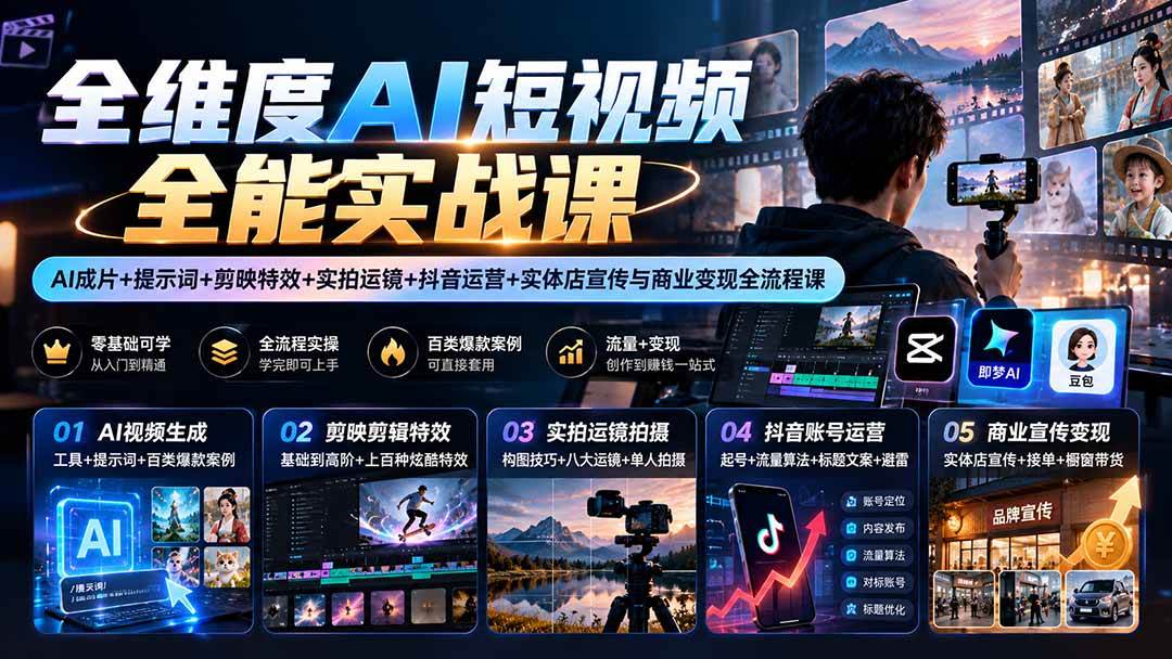 (20768期)【无水印】全维度AI短视频全能实战课:AI成片+提示词+剪映特效+实拍运镜+抖音运营+实体店宣传与商业变现全流程课-轻创社项目网