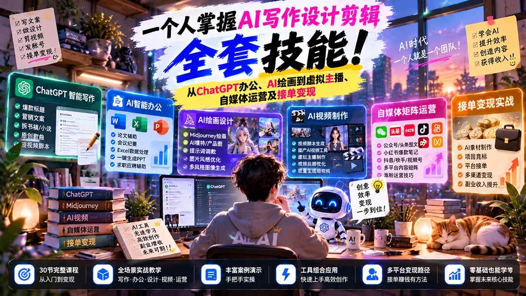 (21029期)一个人掌握AI写作设计剪辑全套技能:从ChatGPT办公、AI绘画到虚拟主播、自媒体运营及接单变现-轻创社项目网
