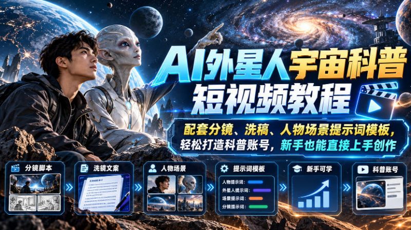 AI外星人宇宙科普短视频教程,配套分镜、洗稿、人物场景提示词模板,轻松打造科普账号,新手也能直接上手创作-轻创社项目网