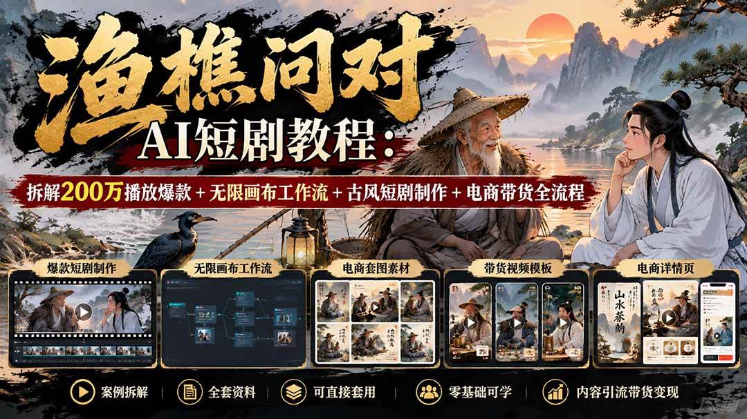 (20772期)【无水印】渔樵问对AI短剧教程:拆解200万播放爆款+无限画布工作流+古风短剧制作+电商带货全流程-轻创社项目网
